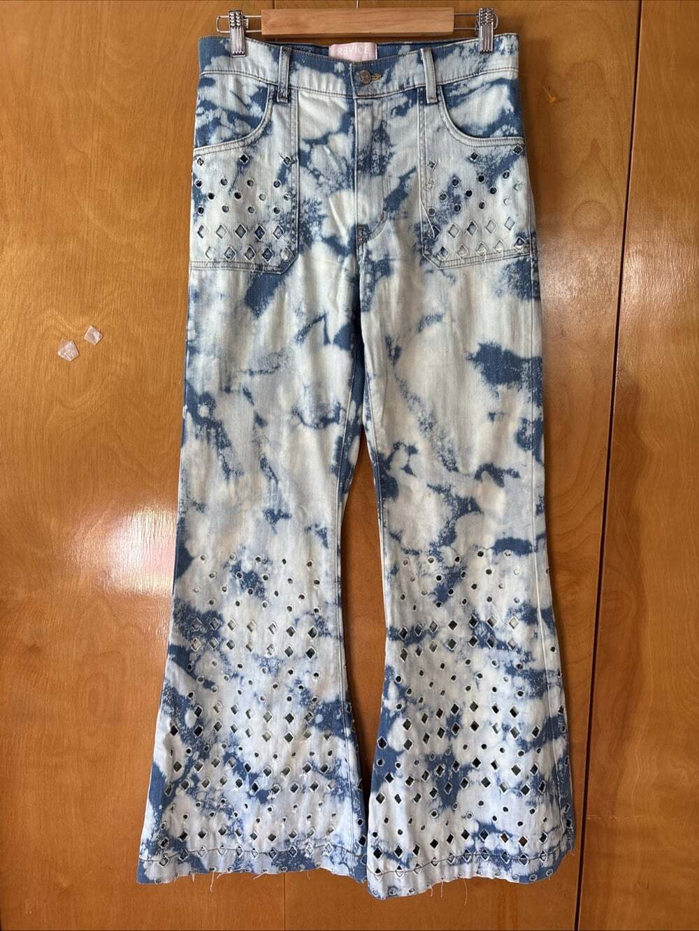 Revice Denim Jeans Womens Sz 29 Blue White Cutout Flare Leg Bell Bottom Bleached